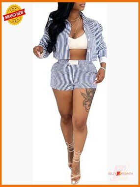 Striped Button Down Crop Top & High Waisted Shorts Set Long Sleeve